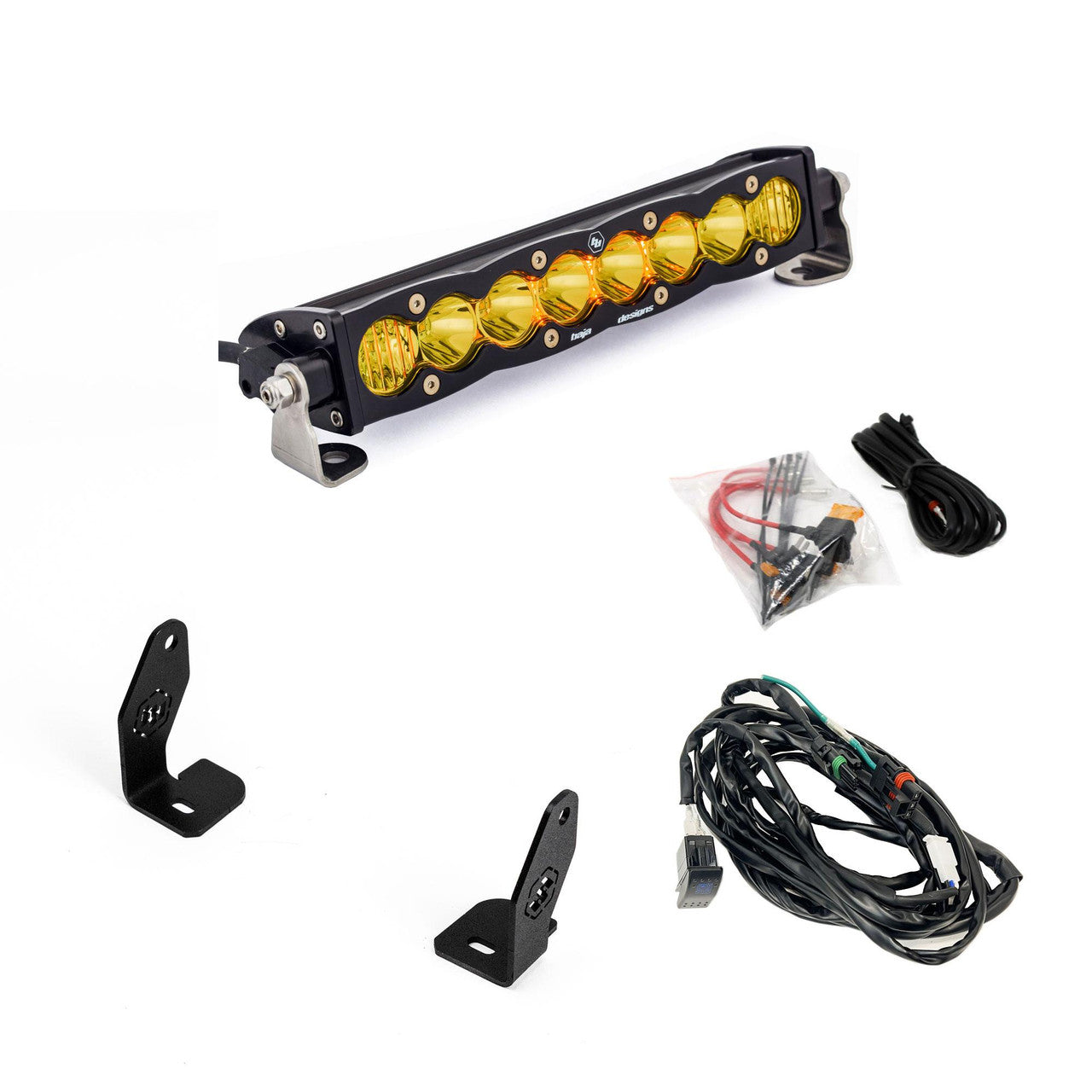 LED light bar with mounting brackets and wiring on a white background