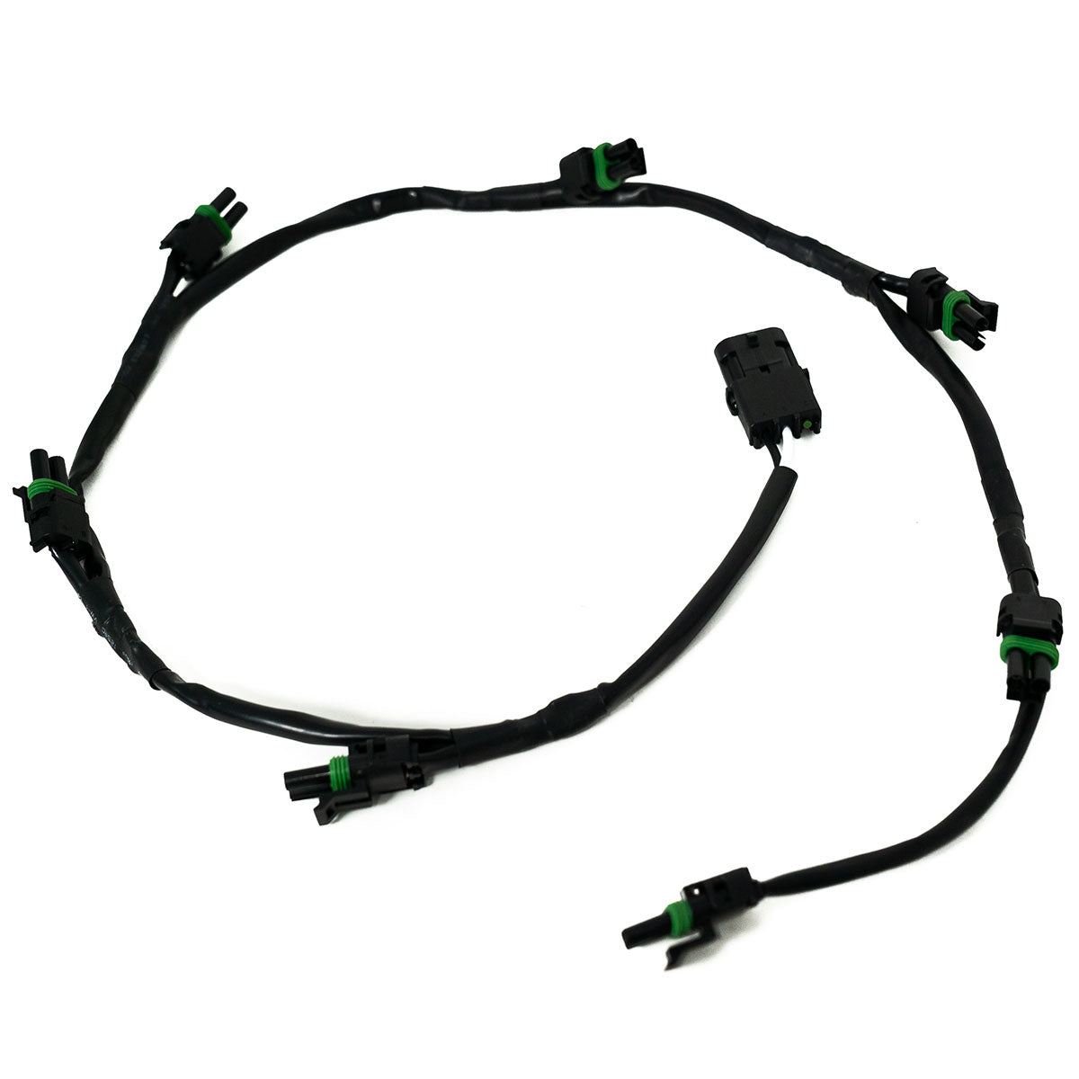 Black wiring harness with connectors on a white background