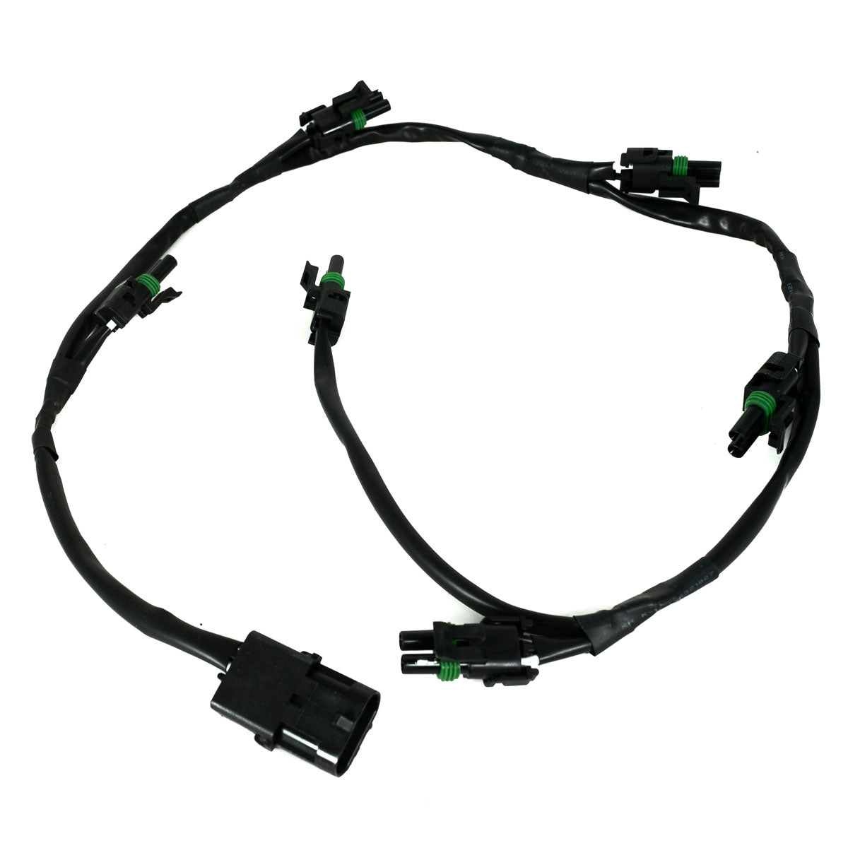 Black wiring harness with connectors on a white background
