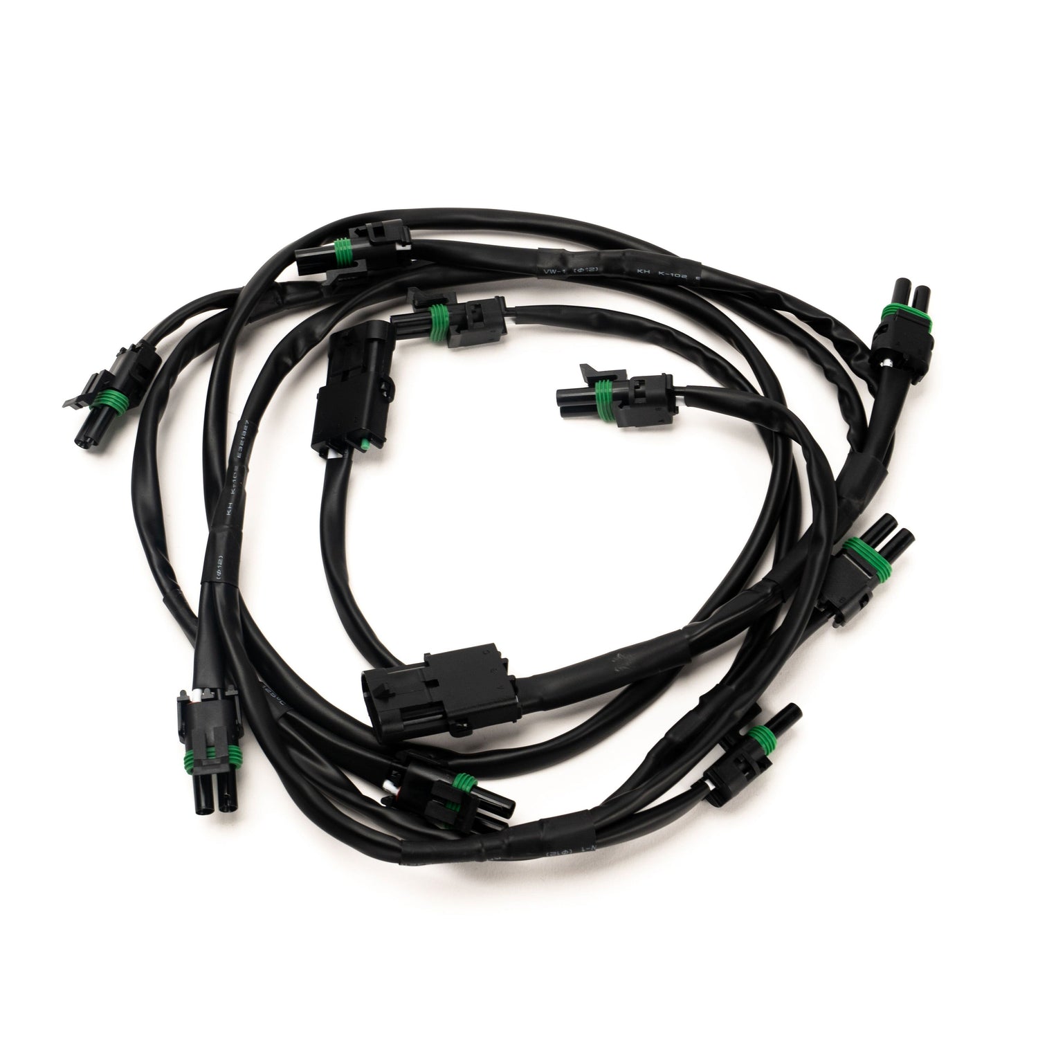 Black wiring harness with connectors on a white background