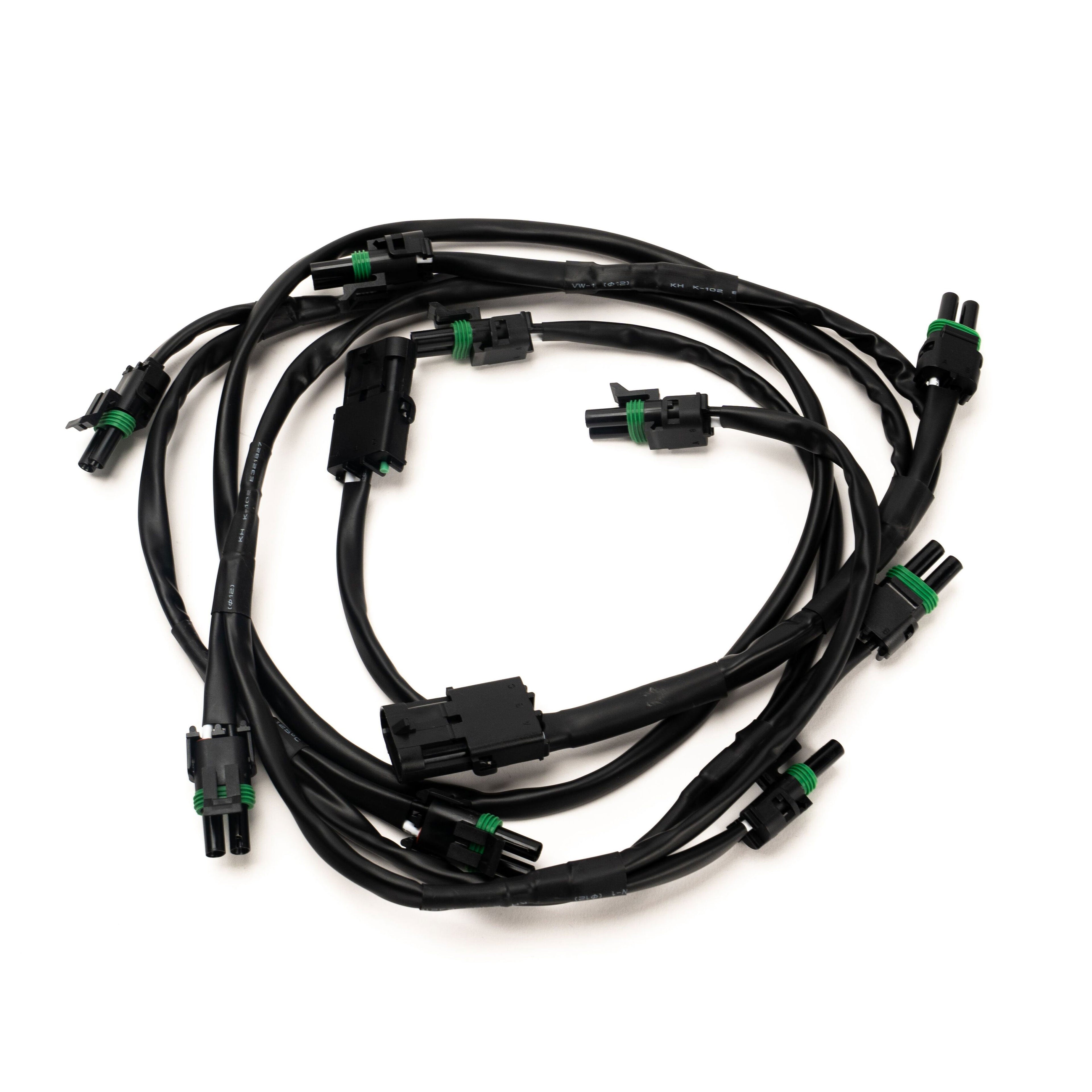 Black wiring harness with connectors on a white background