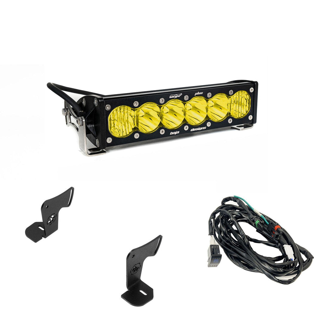 LED light bar with mounting brackets and wiring on a white background